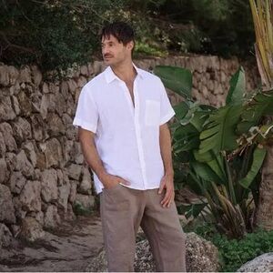 Magic Linen Mens Short Sleeve Button Up Shirt 100% Linen In White Color SZ XL